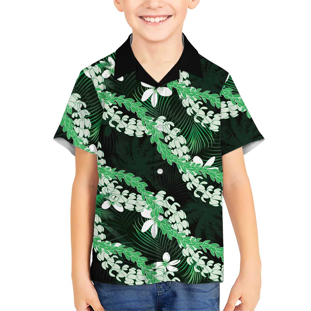 Puakenikeni Maile Lei Family Matching Off Shoulder Maxi Dress and Hawaiian Shirt Frangipani Green Tropical Leaves LT01 Son's Shirt Green - Polynesian Pride
