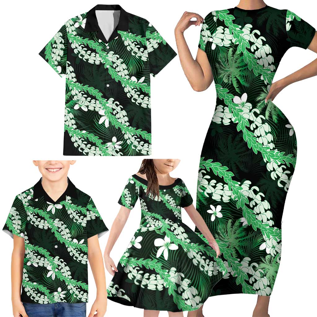Puakenikeni Maile Lei Family Matching Short Sleeve Bodycon Dress and Hawaiian Shirt Frangipani Green Tropical Leaves LT01 - Polynesian Pride