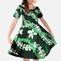 Puakenikeni Maile Lei Family Matching Summer Maxi Dress and Hawaiian Shirt Frangipani Green Tropical Leaves LT01 Daughter's Dress Green - Polynesian Pride
