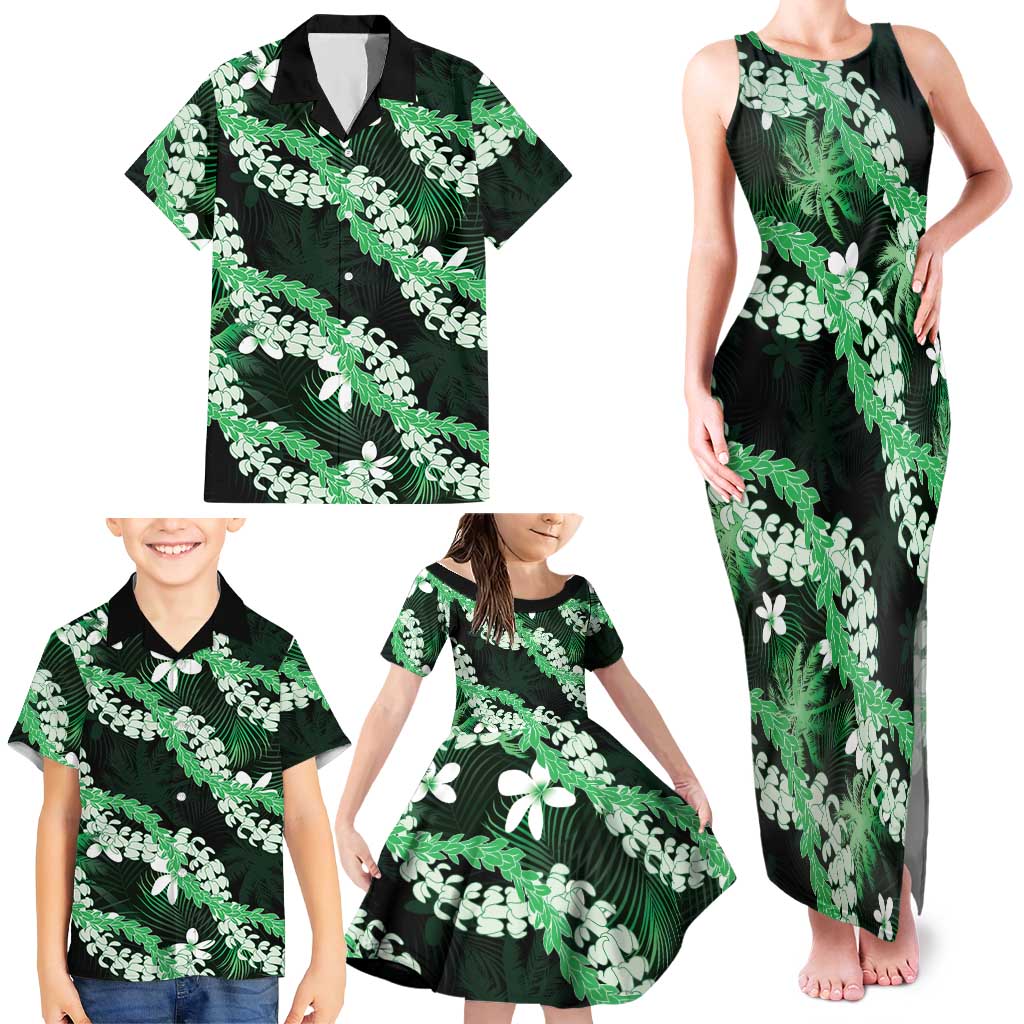 Puakenikeni Maile Lei Family Matching Tank Maxi Dress and Hawaiian Shirt Frangipani Green Tropical Leaves LT01 - Polynesian Pride