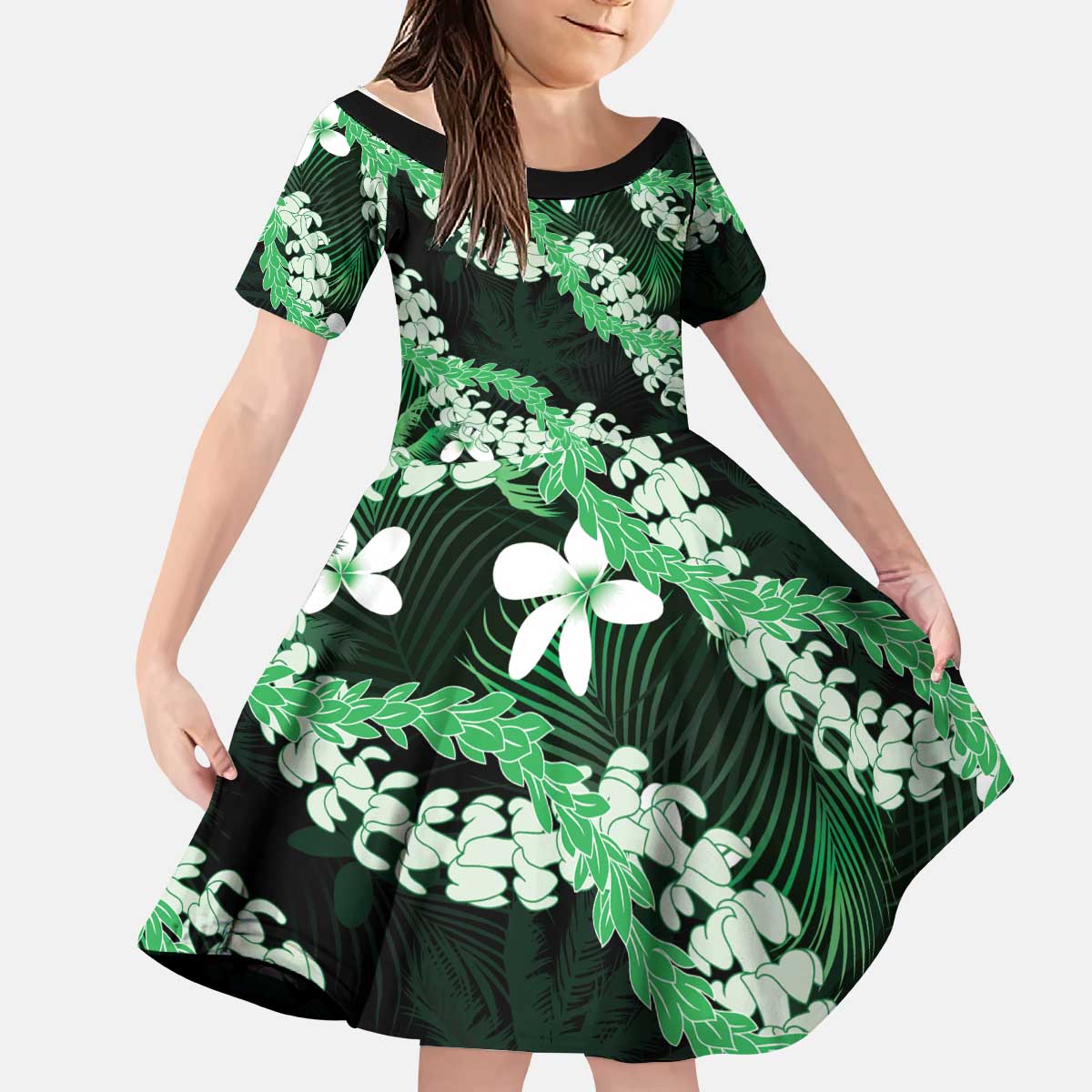 Puakenikeni Maile Lei Kid Short Sleeve Dress Frangipani Green Tropical Leaves LT01 KID Green - Polynesian Pride