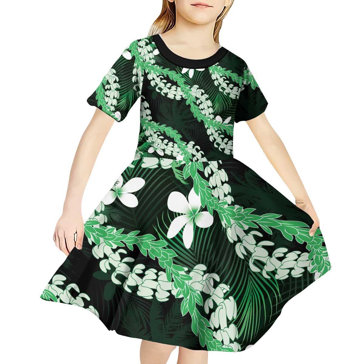 Puakenikeni Maile Lei Kid Short Sleeve Dress Frangipani Green Tropical Leaves LT01 - Polynesian Pride