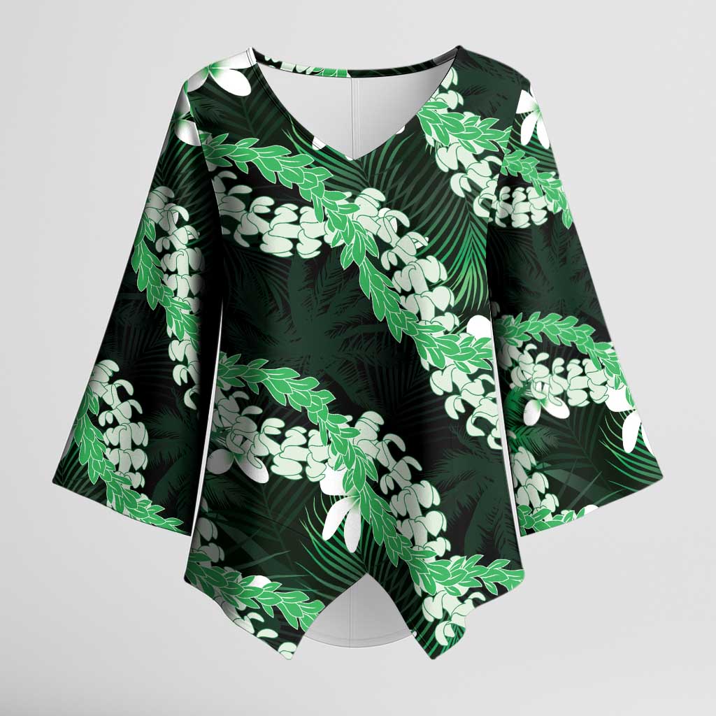 Puakenikeni Maile Lei Kimono Sleeve Blouse Frangipani Green Tropical Leaves