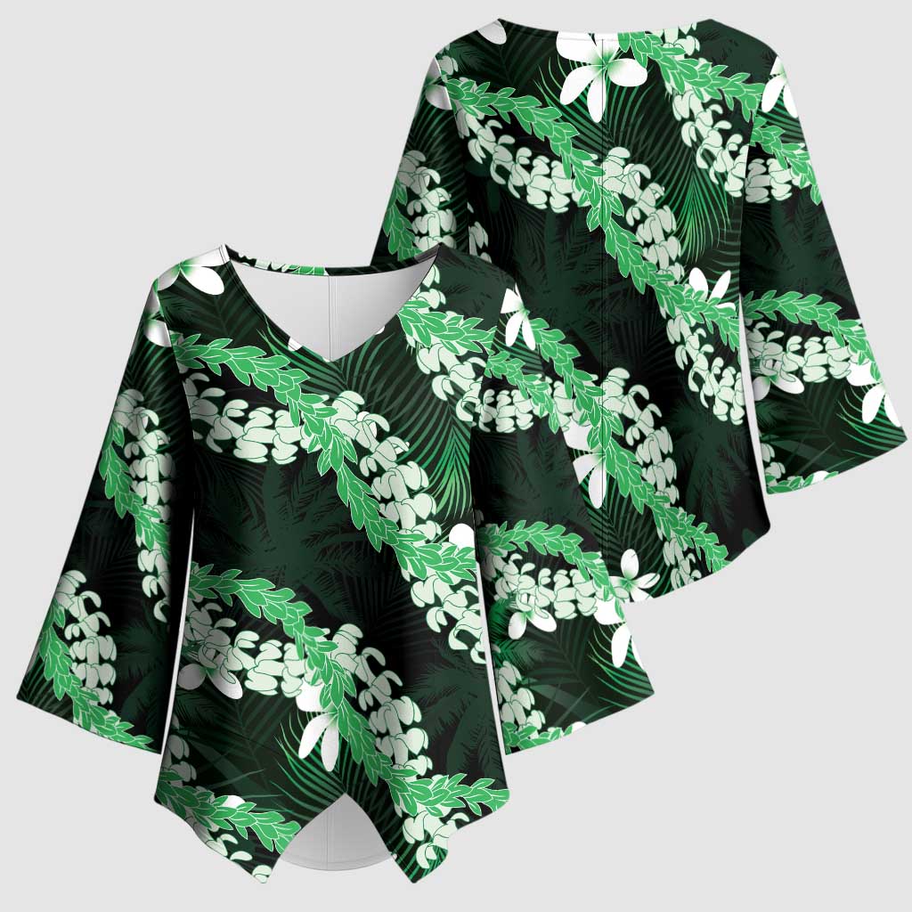 Puakenikeni Maile Lei Kimono Sleeve Blouse Frangipani Green Tropical Leaves