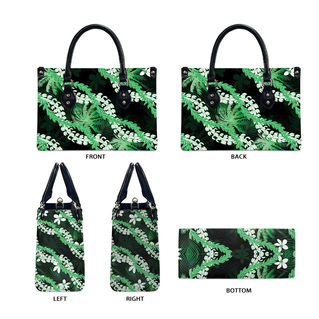 Puakenikeni Maile Lei Leather Bag Frangipani Green Tropical Leaves