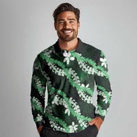 Puakenikeni Maile Lei Long Sleeve Polo Shirt Frangipani Green Tropical Leaves LT01 - Polynesian Pride
