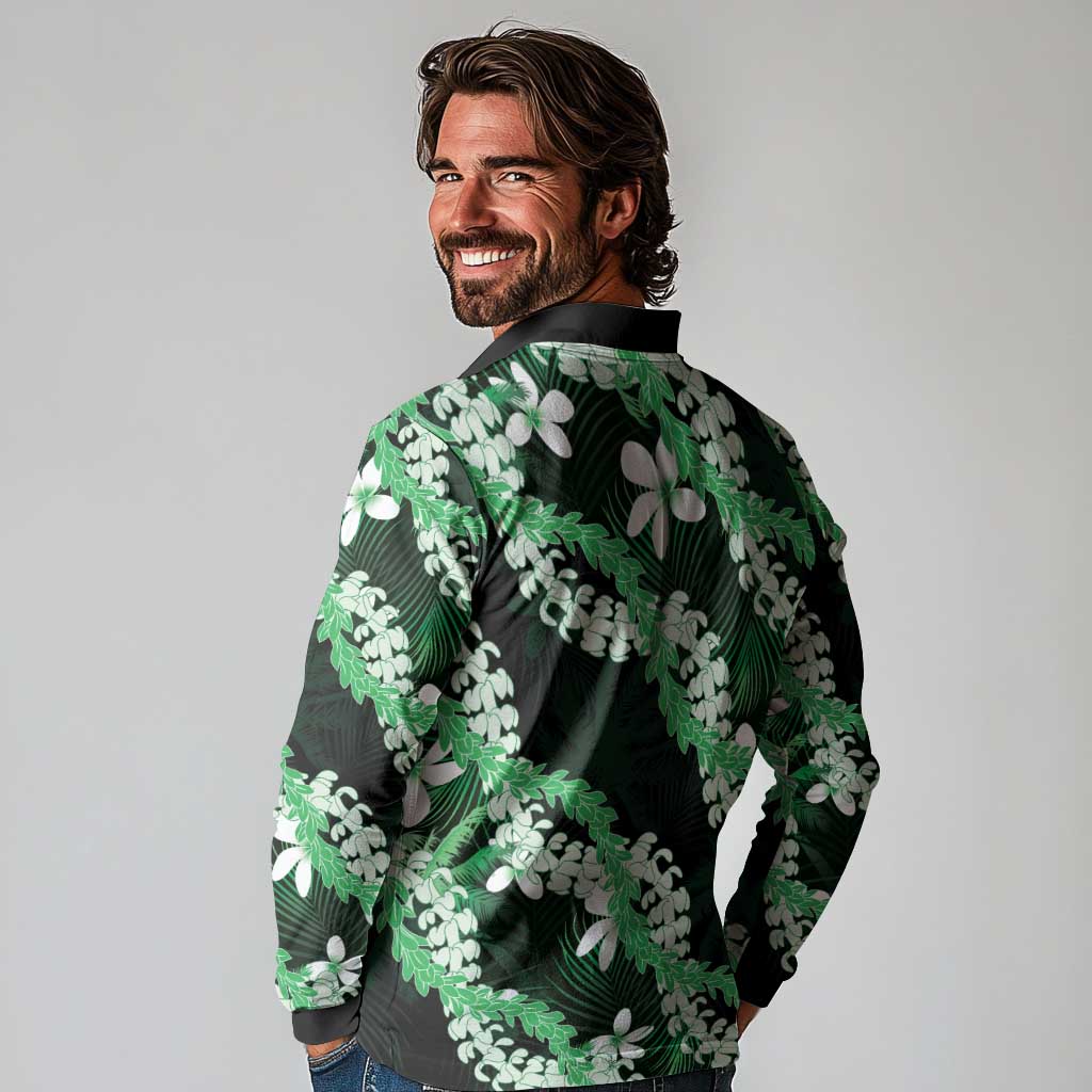 Puakenikeni Maile Lei Long Sleeve Polo Shirt Frangipani Green Tropical Leaves LT01 - Polynesian Pride
