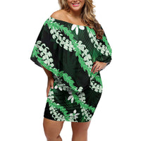 Puakenikeni Maile Lei Off Shoulder Short Dress Frangipani Green Tropical Leaves LT01 Women Green - Polynesian Pride