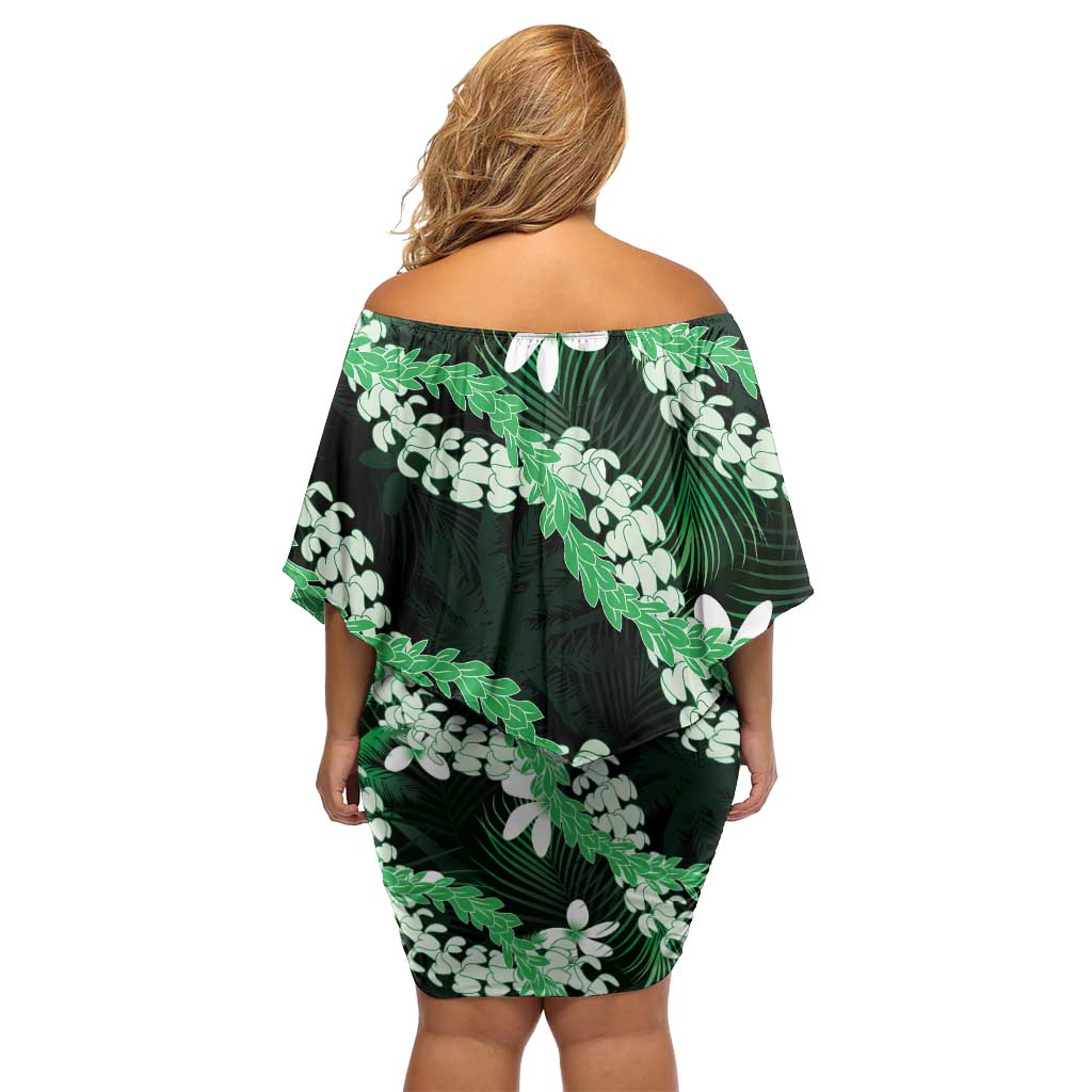 Puakenikeni Maile Lei Off Shoulder Short Dress Frangipani Green Tropical Leaves LT01 - Polynesian Pride
