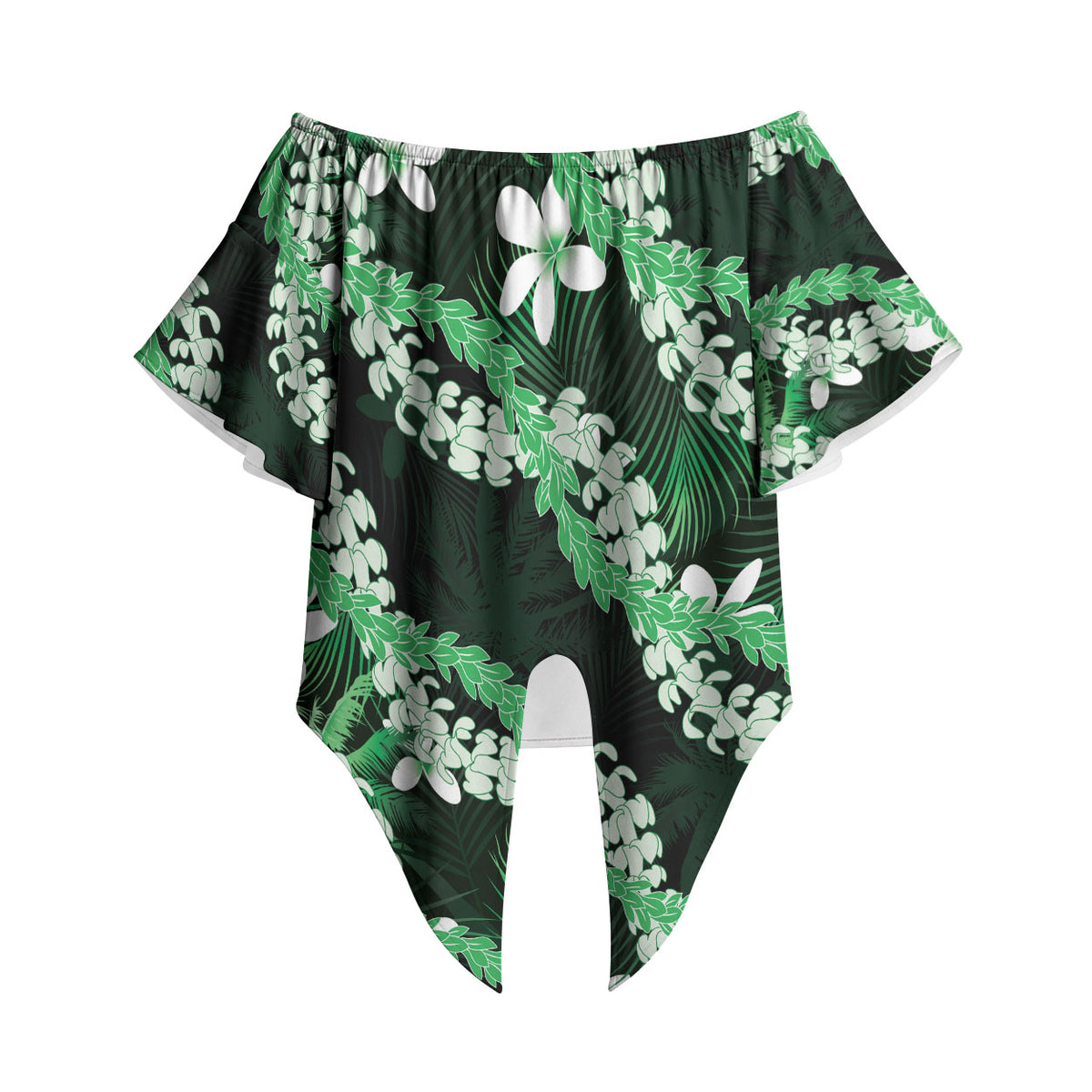 Puakenikeni Maile Lei Off Shoulder Wrap Waist Top Frangipani Green Tropical Leaves LT01 Green - Polynesian Pride