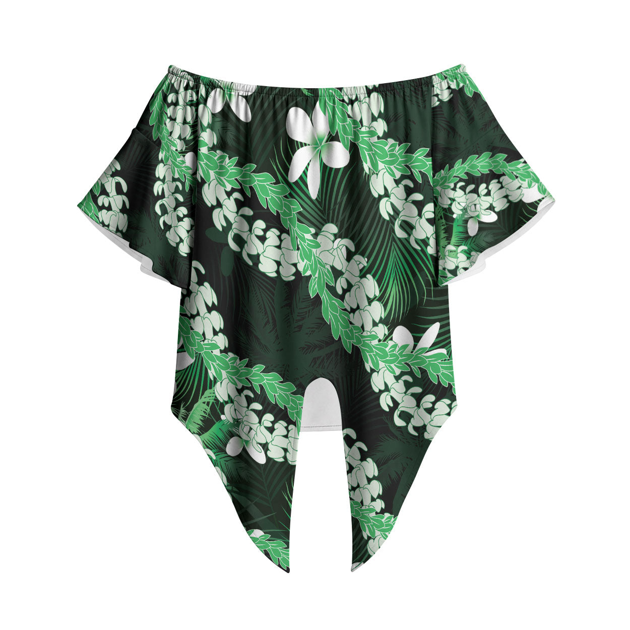 Puakenikeni Maile Lei Off Shoulder Wrap Waist Top Frangipani Green Tropical Leaves LT01 Green - Polynesian Pride