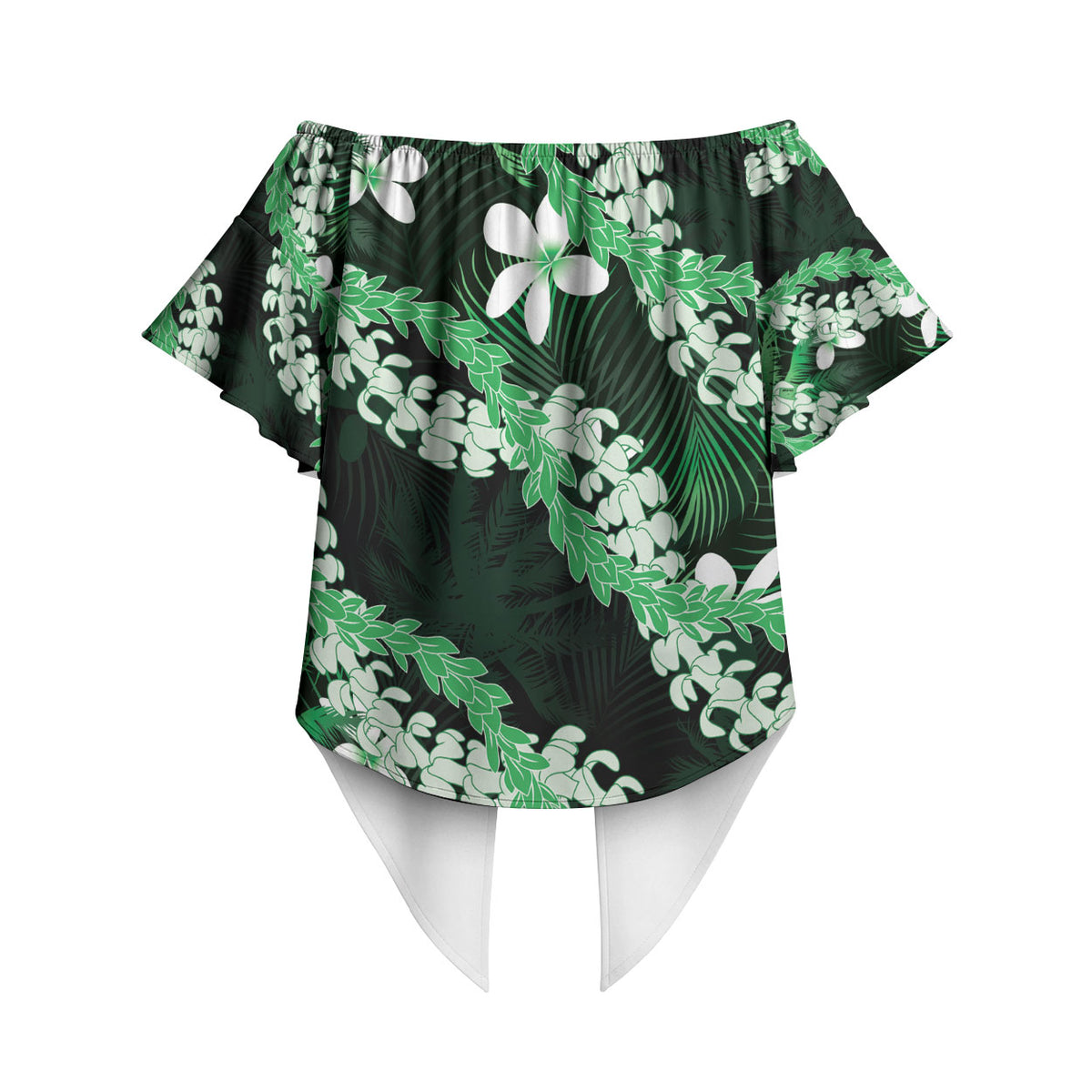 Puakenikeni Maile Lei Off Shoulder Wrap Waist Top Frangipani Green Tropical Leaves LT01 - Polynesian Pride