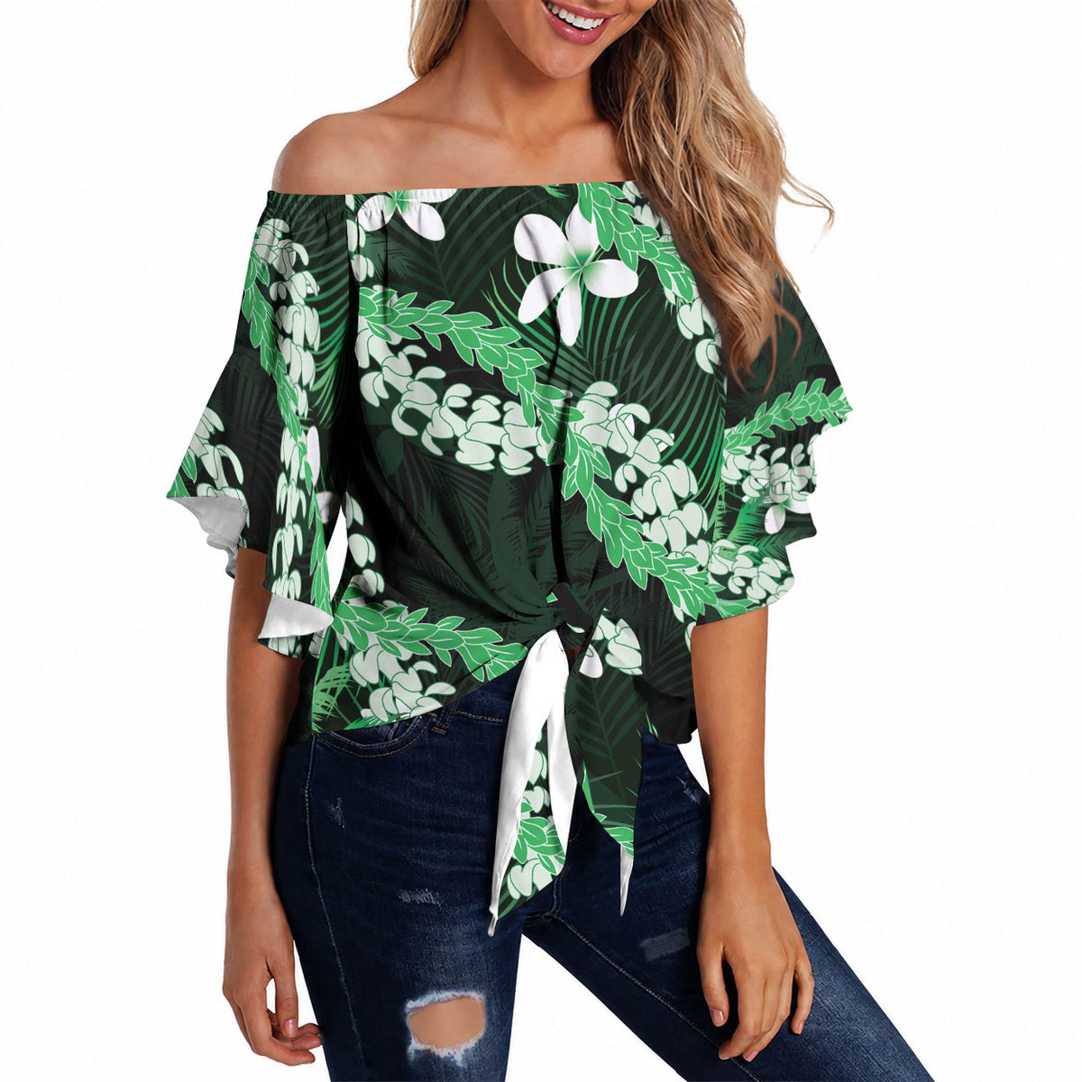 Puakenikeni Maile Lei Off Shoulder Wrap Waist Top Frangipani Green Tropical Leaves LT01 - Polynesian Pride