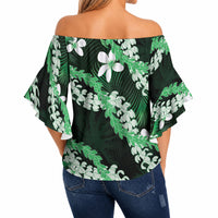 Puakenikeni Maile Lei Off Shoulder Wrap Waist Top Frangipani Green Tropical Leaves LT01 - Polynesian Pride