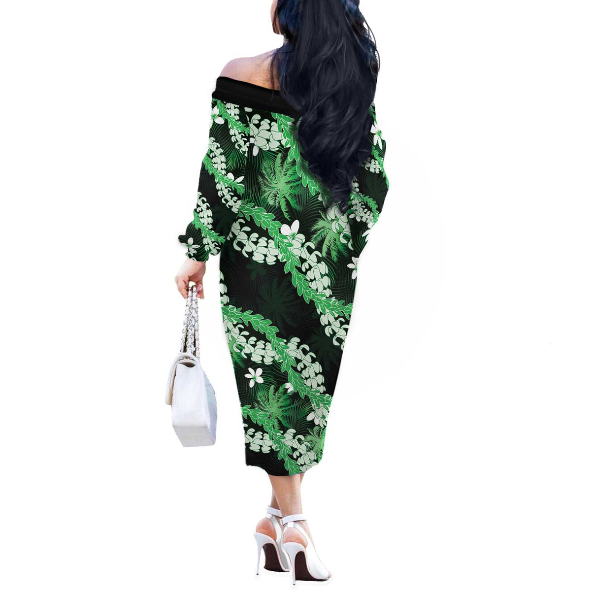 Puakenikeni Maile Lei Off The Shoulder Long Sleeve Dress Frangipani Green Tropical Leaves LT01 - Polynesian Pride