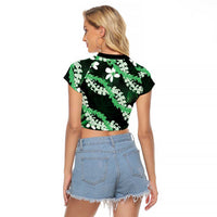 Puakenikeni Maile Lei Raglan Cropped T Shirt Frangipani Green Tropical Leaves LT01 - Polynesian Pride