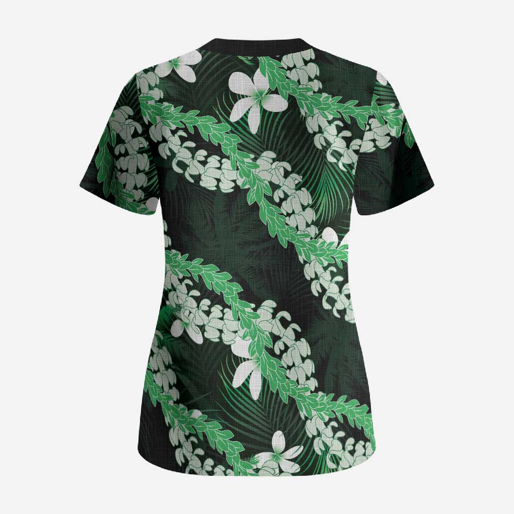 Puakenikeni Maile Lei Scrub Top Frangipani Green Tropical Leaves