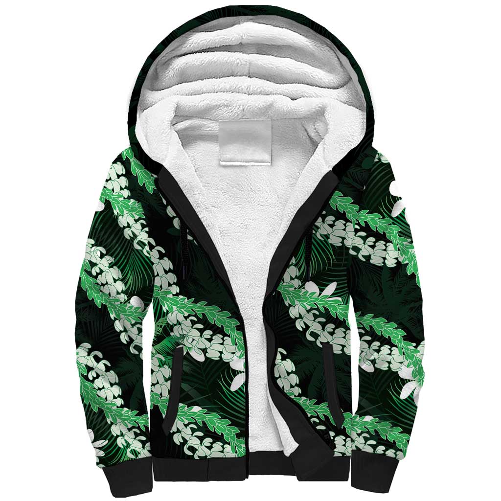 Puakenikeni Maile Lei Sherpa Hoodie Frangipani Green Tropical Leaves LT01 Unisex Green - Polynesian Pride