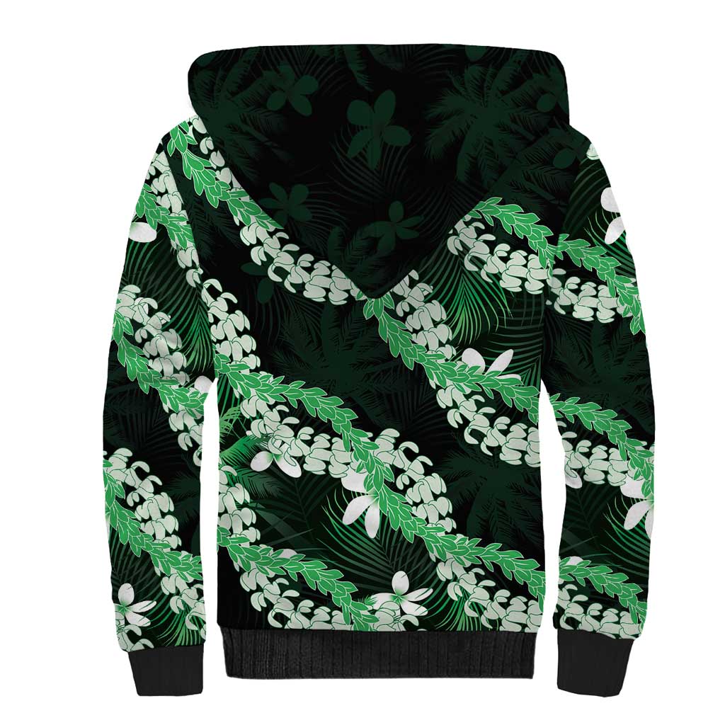 Puakenikeni Maile Lei Sherpa Hoodie Frangipani Green Tropical Leaves LT01 - Polynesian Pride