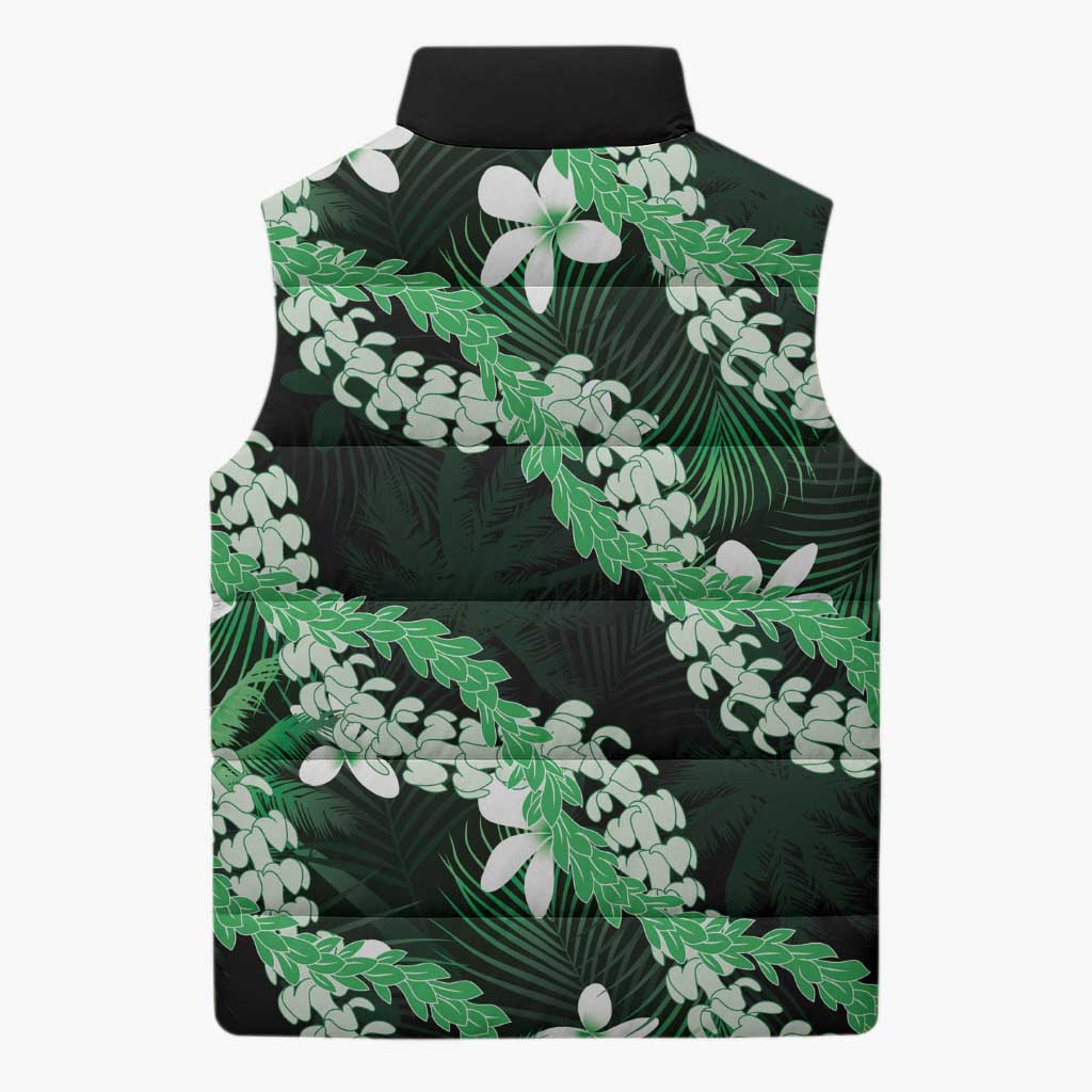 Puakenikeni Maile Lei Sleeveless Puffer Jacket Frangipani Green Tropical Leaves