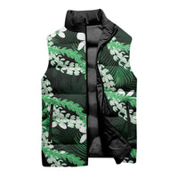 Puakenikeni Maile Lei Sleeveless Puffer Jacket Frangipani Green Tropical Leaves