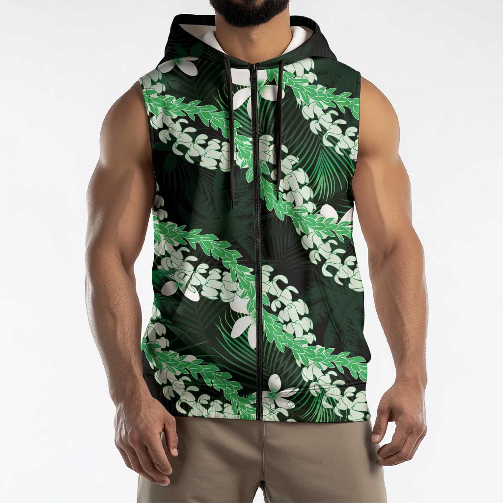Puakenikeni Maile Lei Sleeveless Zip Hoodie Frangipani Green Tropical Leaves LT01 - Polynesian Pride
