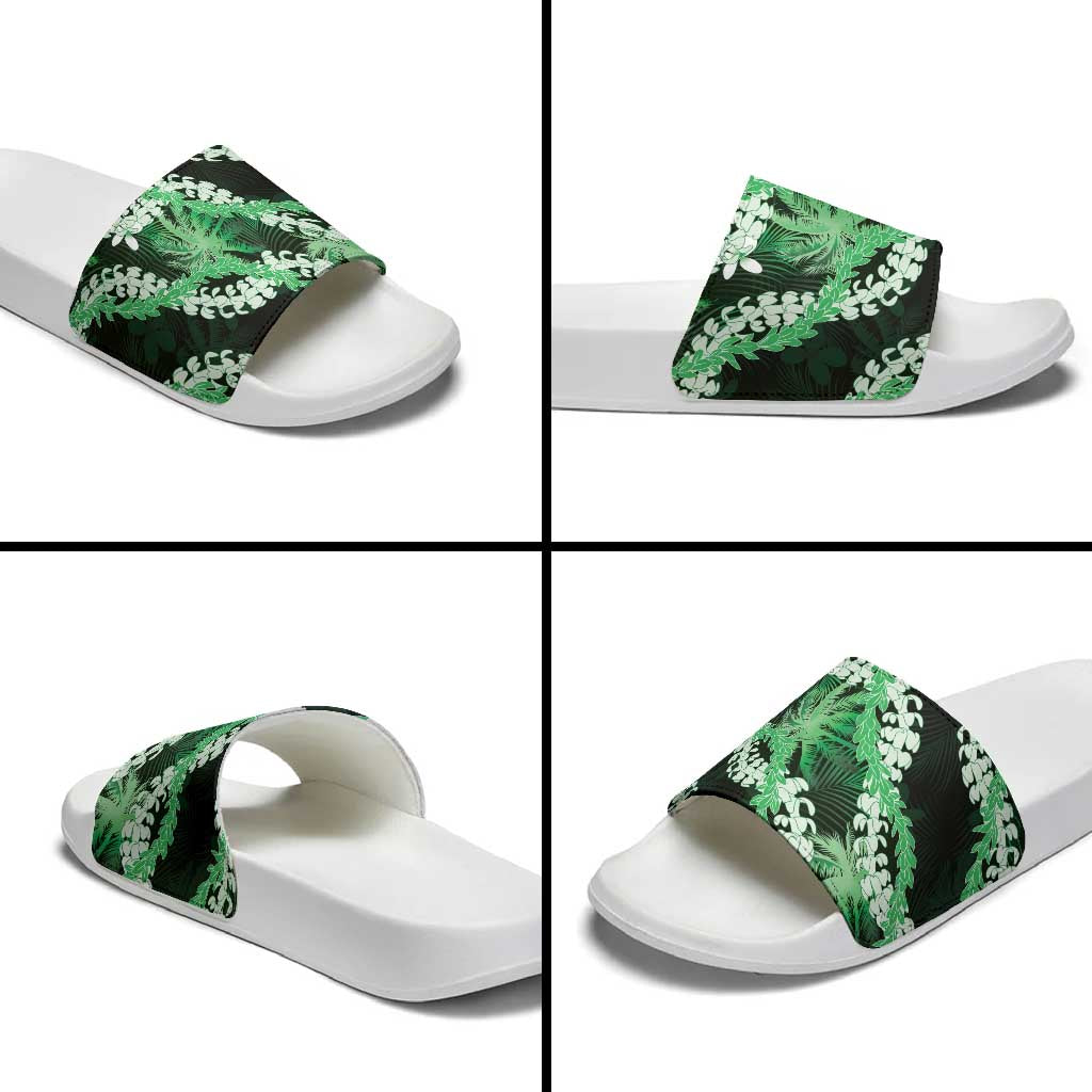 Puakenikeni Maile Lei Slide Sandals Frangipani Green Tropical Leaves