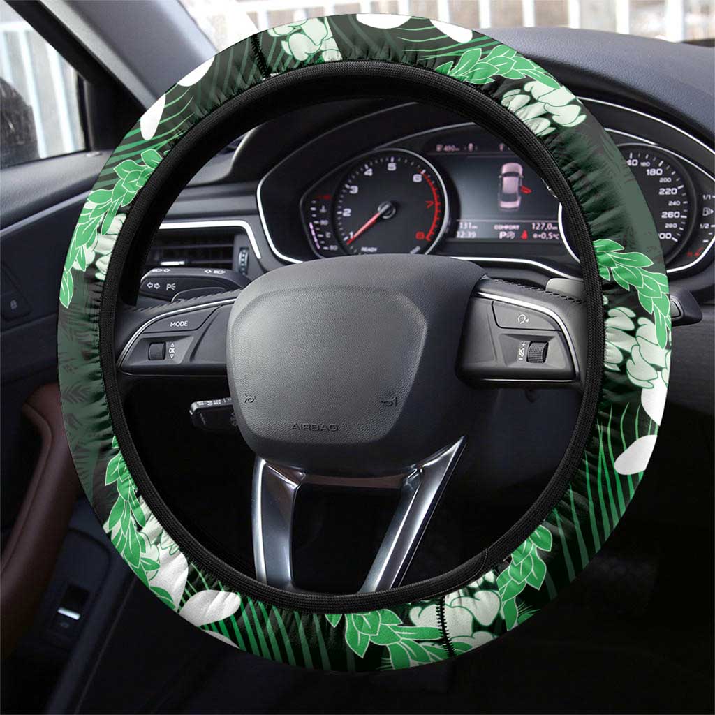 Puakenikeni Maile Lei Steering Wheel Cover Frangipani Green Tropical Leaves