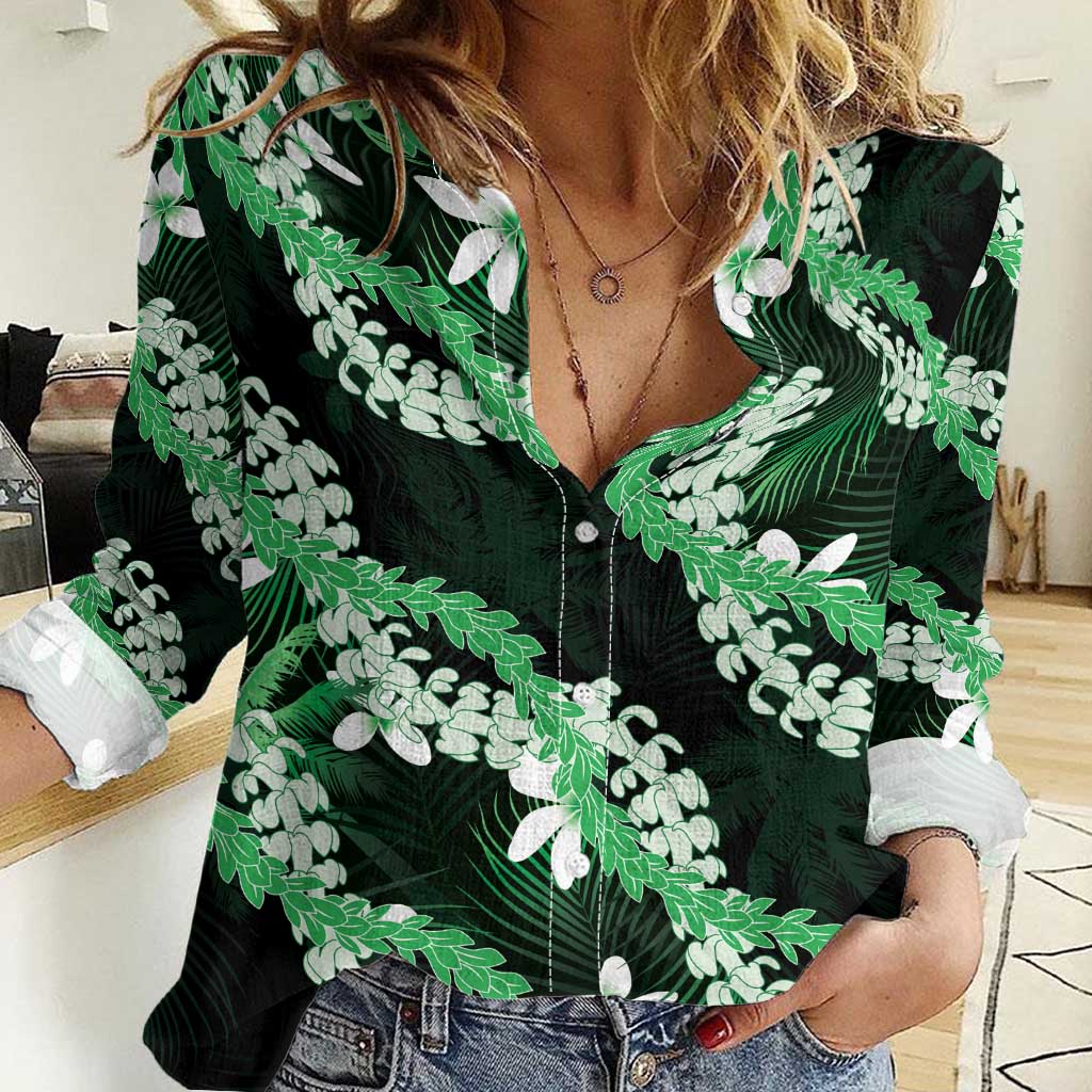 Puakenikeni Maile Lei Women Casual Shirt Frangipani Green Tropical Leaves