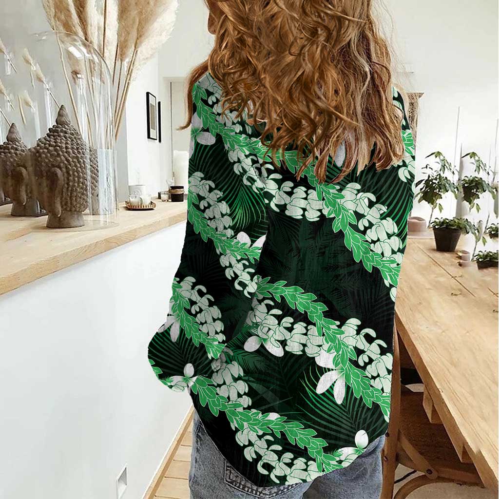 Puakenikeni Maile Lei Women Casual Shirt Frangipani Green Tropical Leaves LT01 - Polynesian Pride