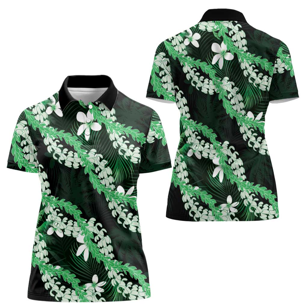 Puakenikeni Maile Lei Women Polo Shirt Frangipani Green Tropical Leaves LT01 - Polynesian Pride