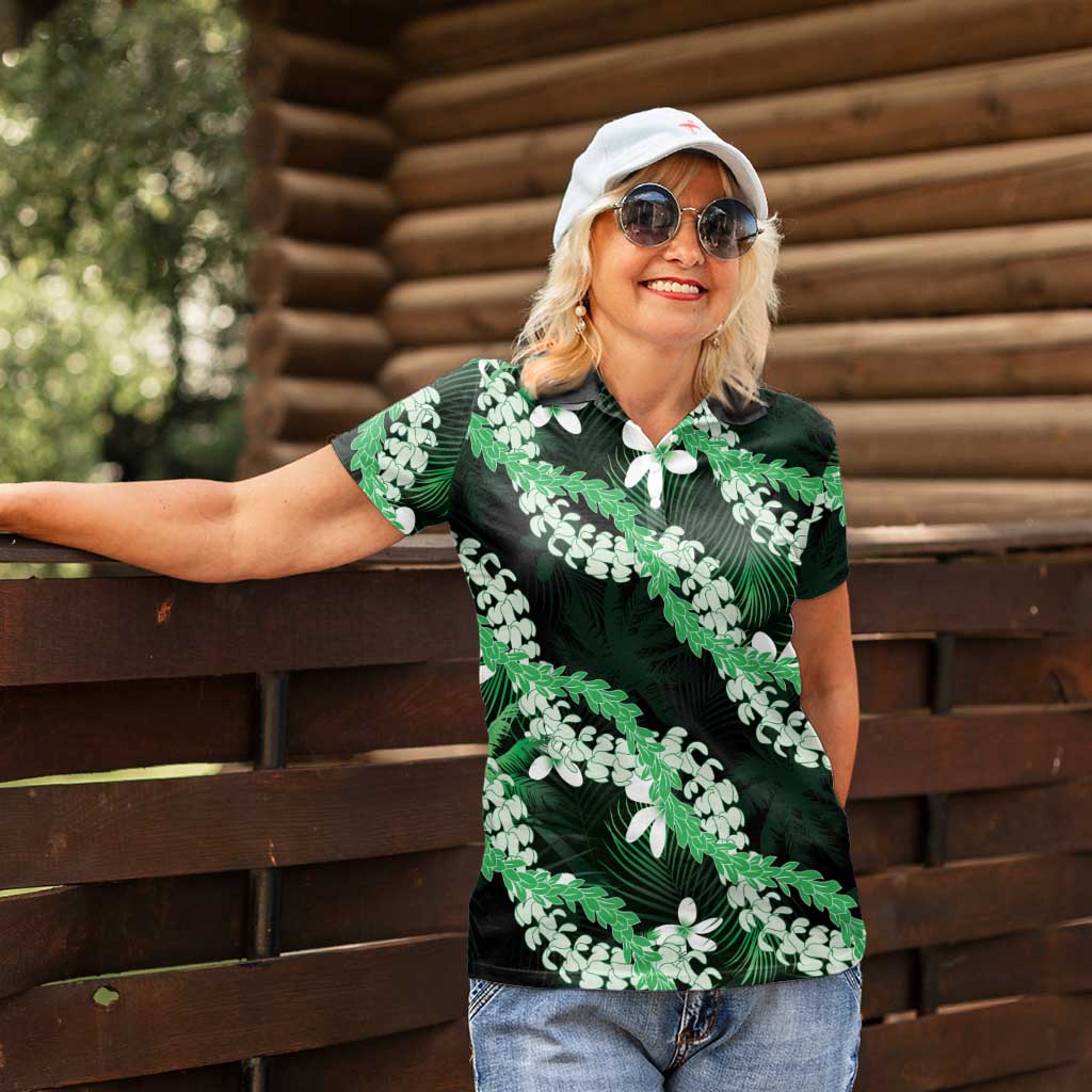 Puakenikeni Maile Lei Women Polo Shirt Frangipani Green Tropical Leaves LT01 - Polynesian Pride