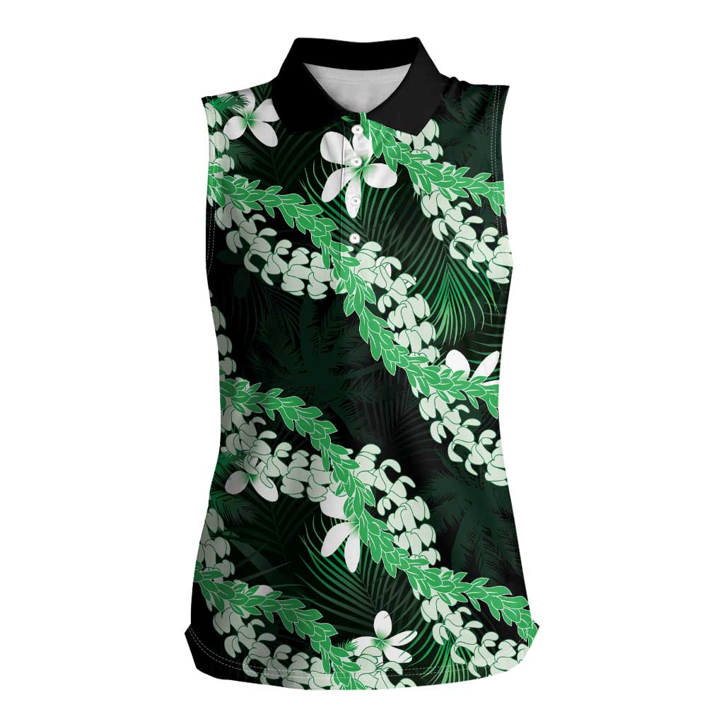 Puakenikeni Maile Lei Women Sleeveless Polo Shirt Frangipani Green Tropical Leaves