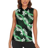 Puakenikeni Maile Lei Women Sleeveless Polo Shirt Frangipani Green Tropical Leaves LT01 - Polynesian Pride