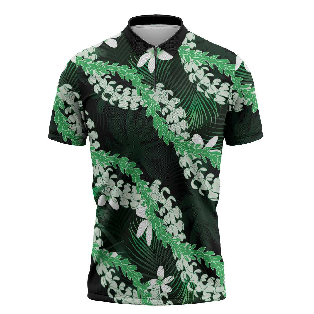 Puakenikeni Maile Lei Zipper Polo Shirt Frangipani Green Tropical Leaves LT01 Green - Polynesian Pride