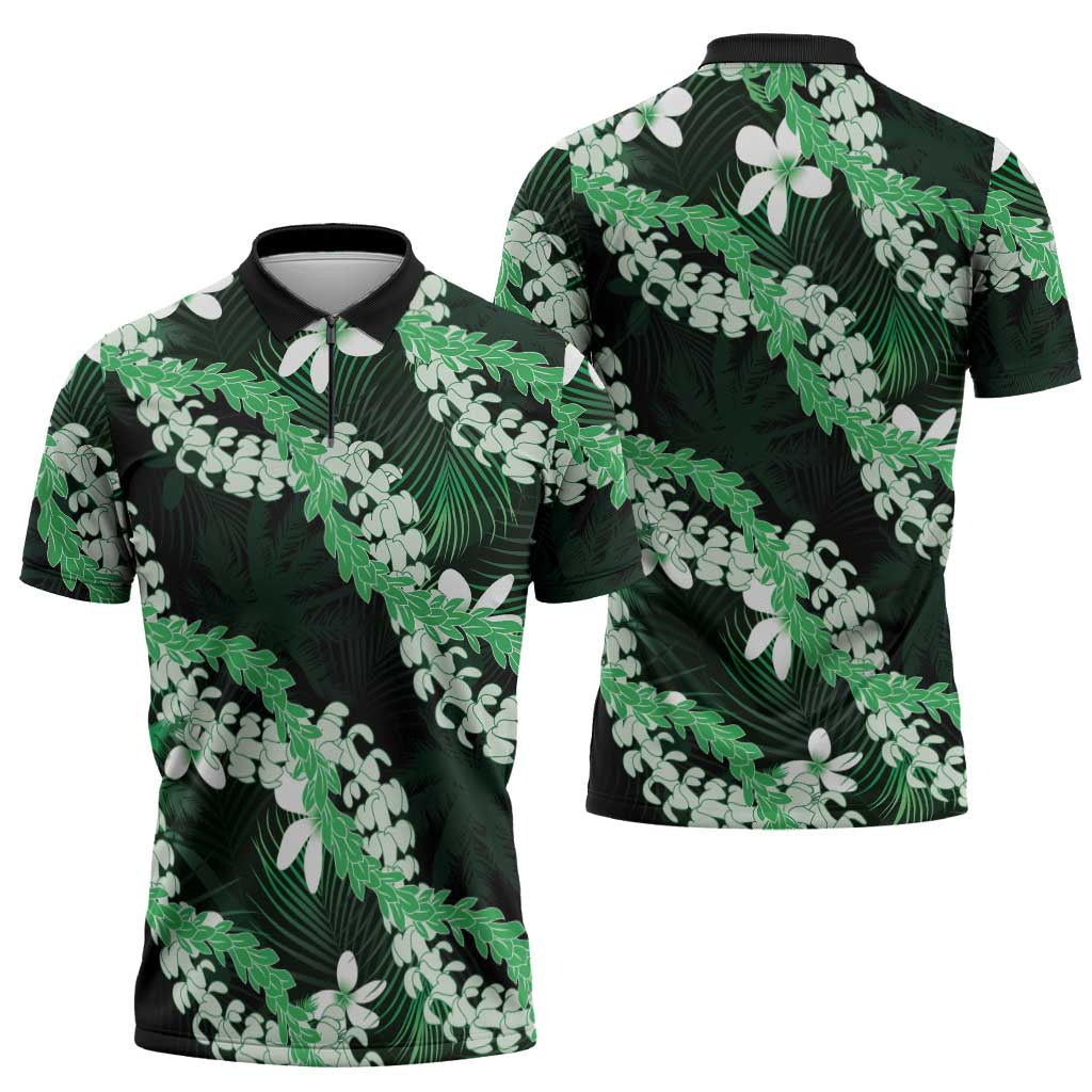 Puakenikeni Maile Lei Zipper Polo Shirt Frangipani Green Tropical Leaves LT01 - Polynesian Pride