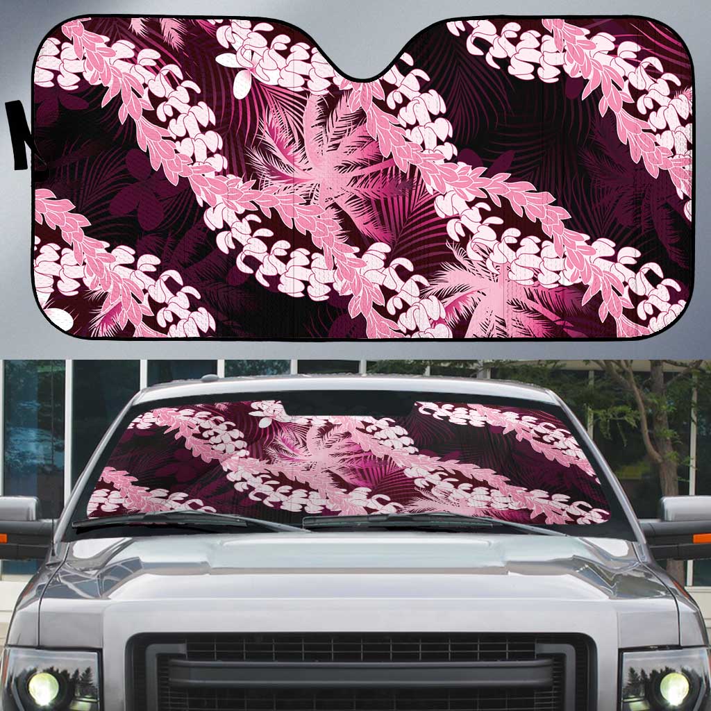 Puakenikeni Maile Lei Auto Sun Shade Frangipani Pink Tropical Leaves