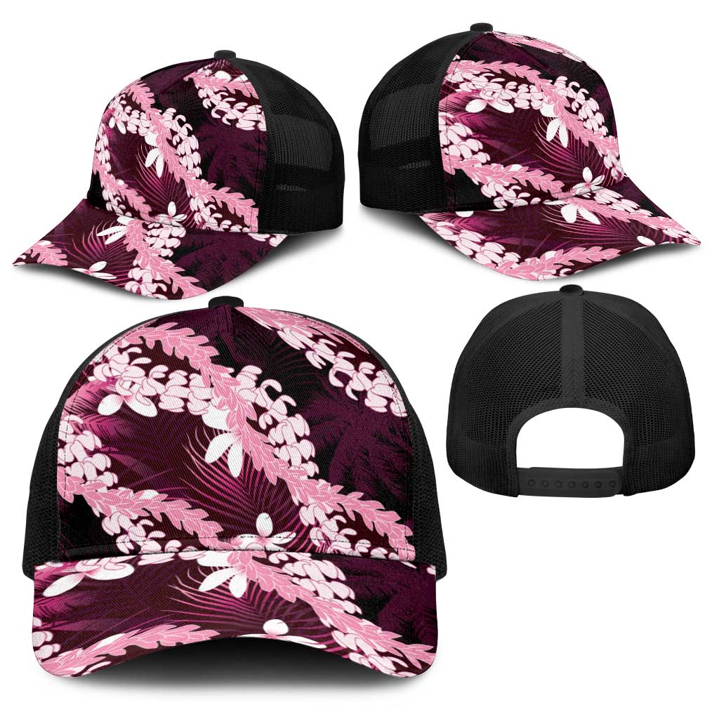 Puakenikeni Maile Lei Baseball Net Cap Frangipani Pink Tropical Leaves