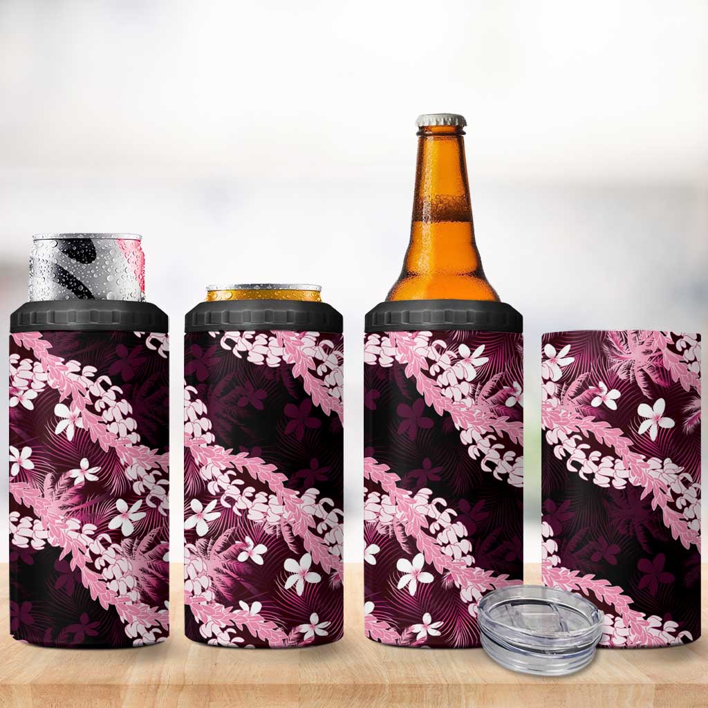 Puakenikeni Maile Lei 4 in 1 Can Cooler Tumbler Frangipani Pink Tropical Leaves LT01 - Polynesian Pride