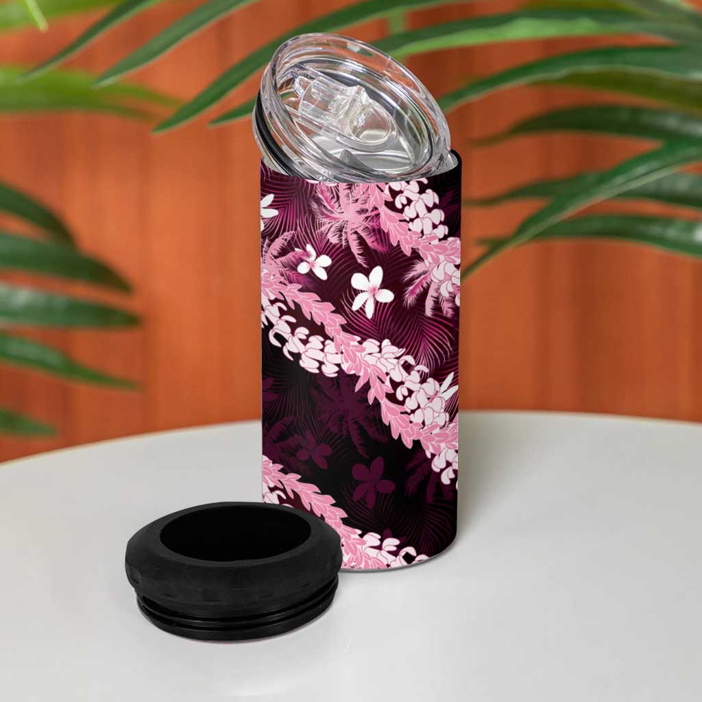 Puakenikeni Maile Lei 4 in 1 Can Cooler Tumbler Frangipani Pink Tropical Leaves LT01 - Polynesian Pride