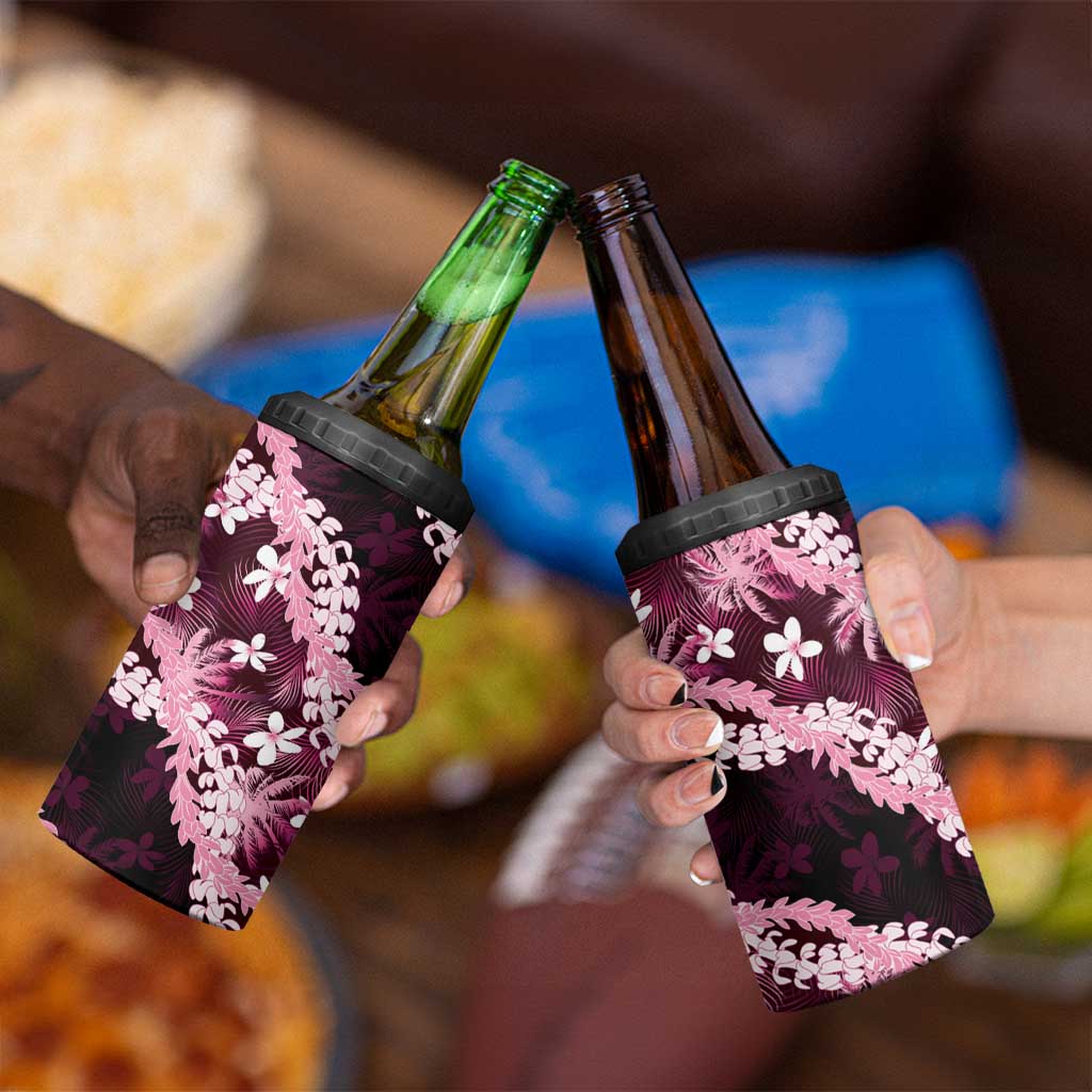 Puakenikeni Maile Lei 4 in 1 Can Cooler Tumbler Frangipani Pink Tropical Leaves LT01 - Polynesian Pride