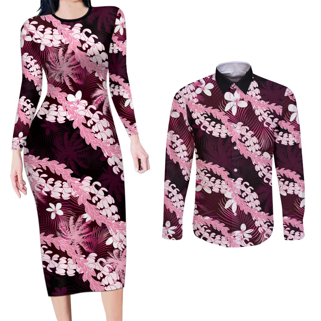Puakenikeni Maile Lei Couples Matching Long Sleeve Bodycon Dress and Long Sleeve Button Shirt Frangipani Pink Tropical Leaves LT01 Pink - Polynesian Pride