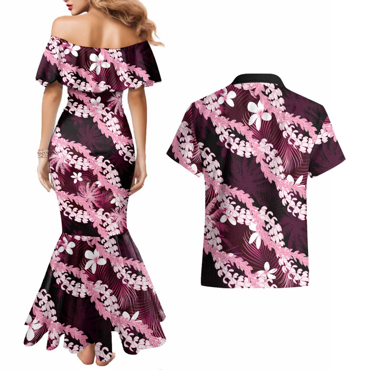 Puakenikeni Maile Lei Couples Matching Mermaid Dress and Hawaiian Shirt Frangipani Pink Tropical Leaves LT01 - Polynesian Pride