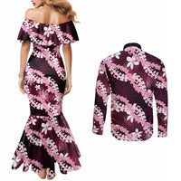 Puakenikeni Maile Lei Couples Matching Mermaid Dress and Long Sleeve Button Shirt Frangipani Pink Tropical Leaves LT01 - Polynesian Pride