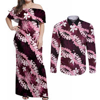 Puakenikeni Maile Lei Couples Matching Off Shoulder Maxi Dress and Long Sleeve Button Shirt Frangipani Pink Tropical Leaves LT01 Pink - Polynesian Pride
