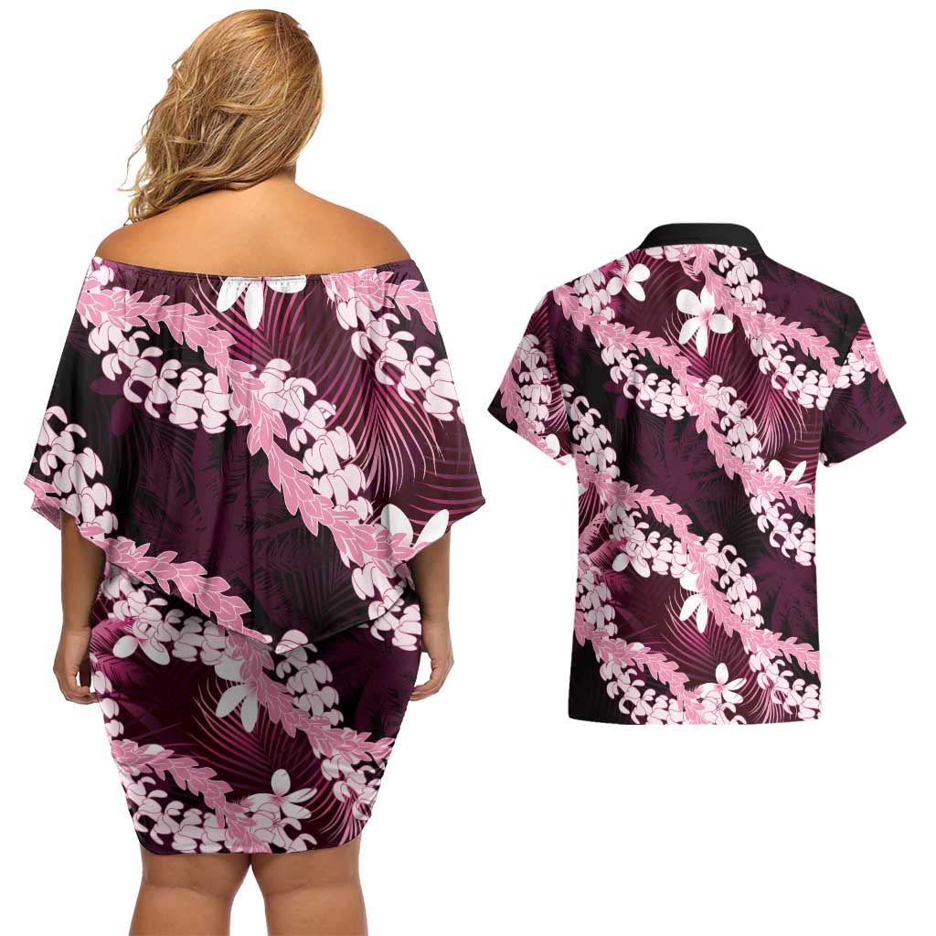 Puakenikeni Maile Lei Couples Matching Off Shoulder Short Dress and Hawaiian Shirt Frangipani Pink Tropical Leaves LT01 - Polynesian Pride