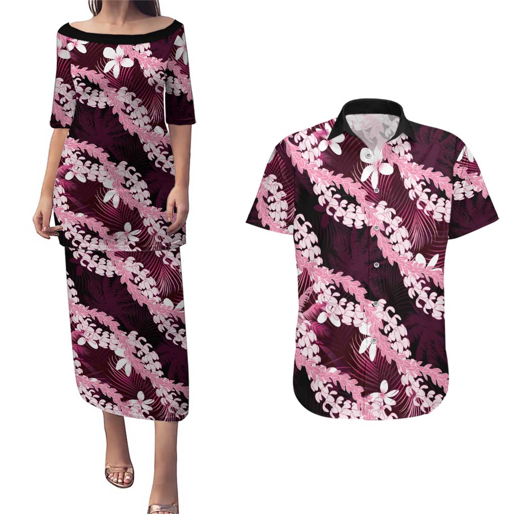 Puakenikeni Maile Lei Couples Matching Puletasi and Hawaiian Shirt Frangipani Pink Tropical Leaves LT01 Pink - Polynesian Pride