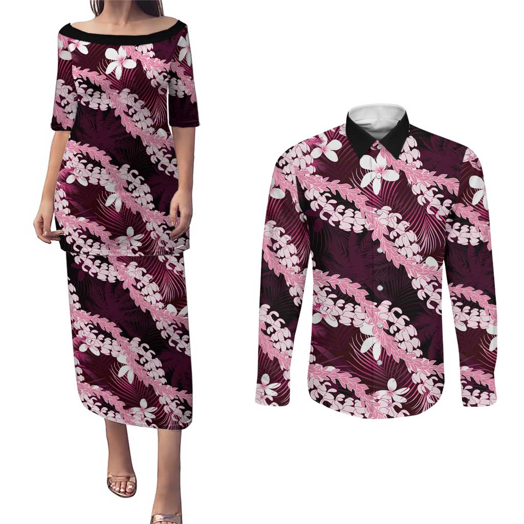 Puakenikeni Maile Lei Couples Matching Puletasi and Long Sleeve Button Shirt Frangipani Pink Tropical Leaves