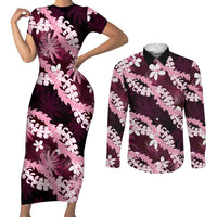 Puakenikeni Maile Lei Couples Matching Short Sleeve Bodycon Dress and Long Sleeve Button Shirt Frangipani Pink Tropical Leaves LT01 Pink - Polynesian Pride
