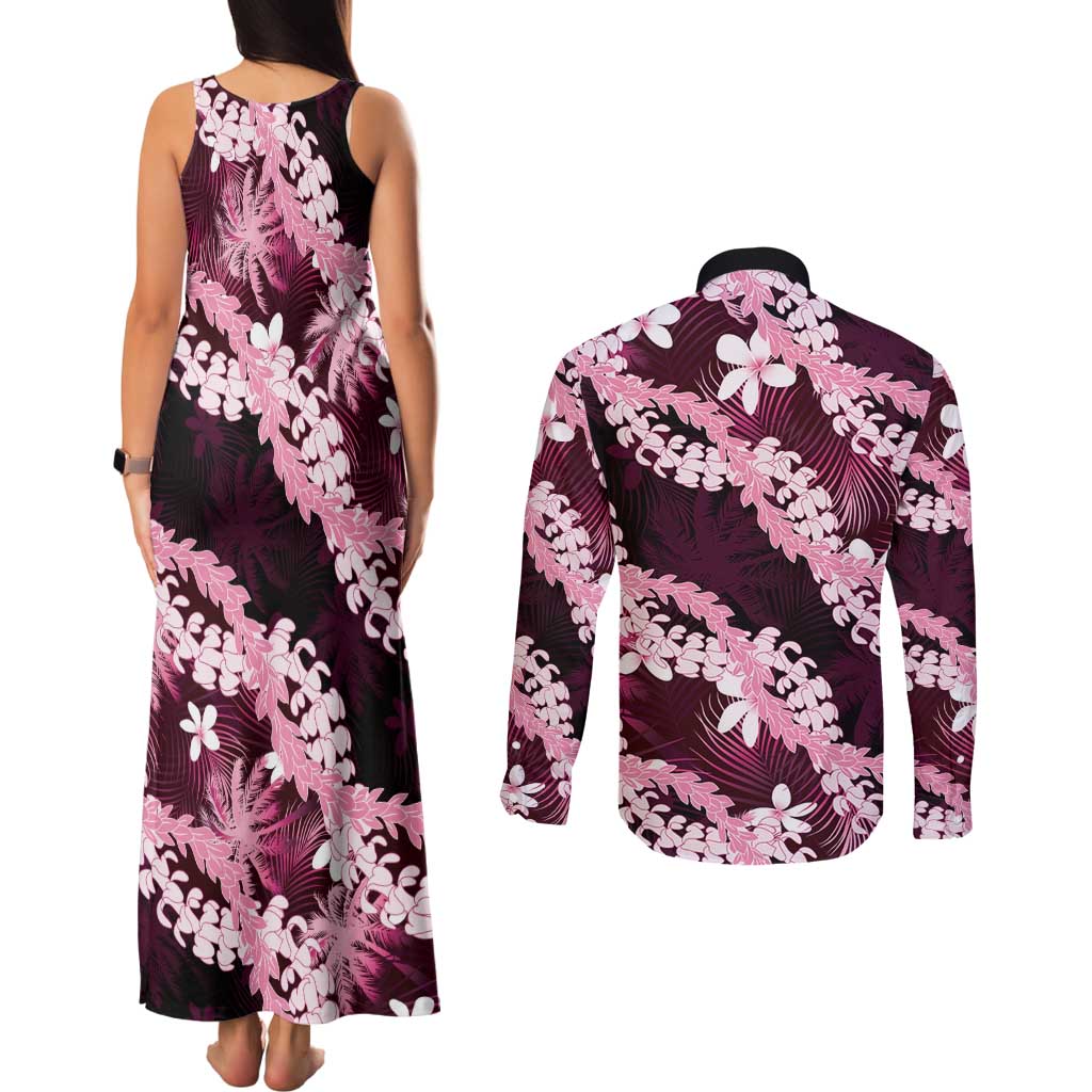 Puakenikeni Maile Lei Couples Matching Tank Maxi Dress and Long Sleeve Button Shirt Frangipani Pink Tropical Leaves LT01 - Polynesian Pride